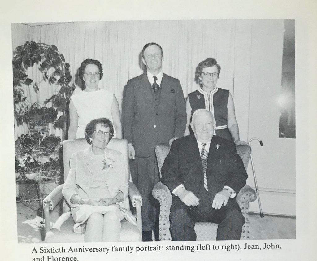 A sixtieth anniversary family portrait: (standing left to right), Jean, John, and Florence